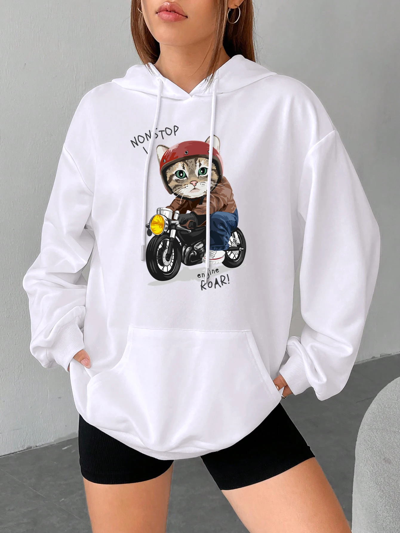 The Interests And Hobbies Of Motorcycle Cats Woman Hoodies Autumn Soft Sweatshirt Street Casual Clothes Fashion Casual Hoody