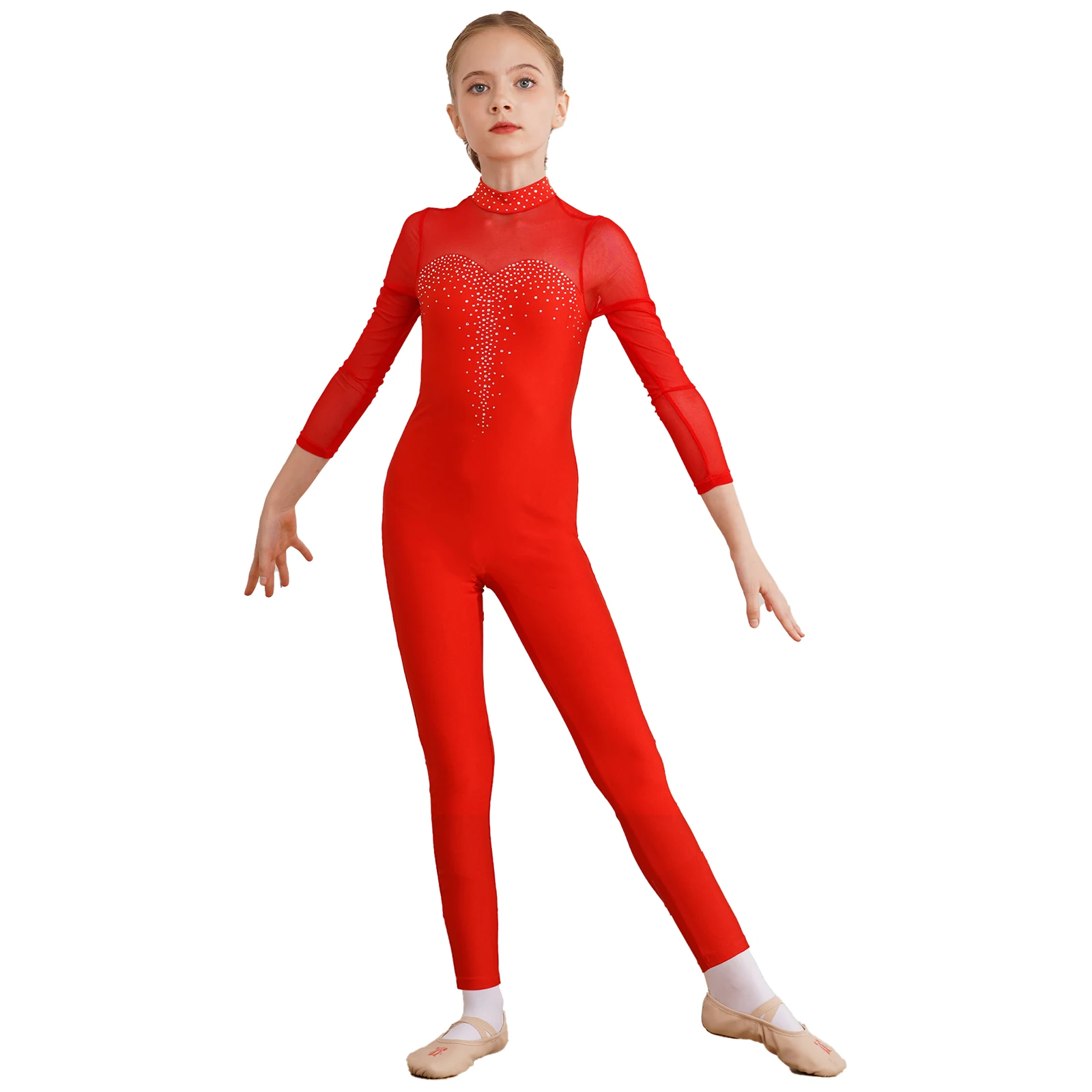 Kids Gymnastics Jumpsuits Teen Girls Rhinestone Ice Skating Bodysuit for Ballroom Long Sleeve Ballet Dance Leotards Unitard