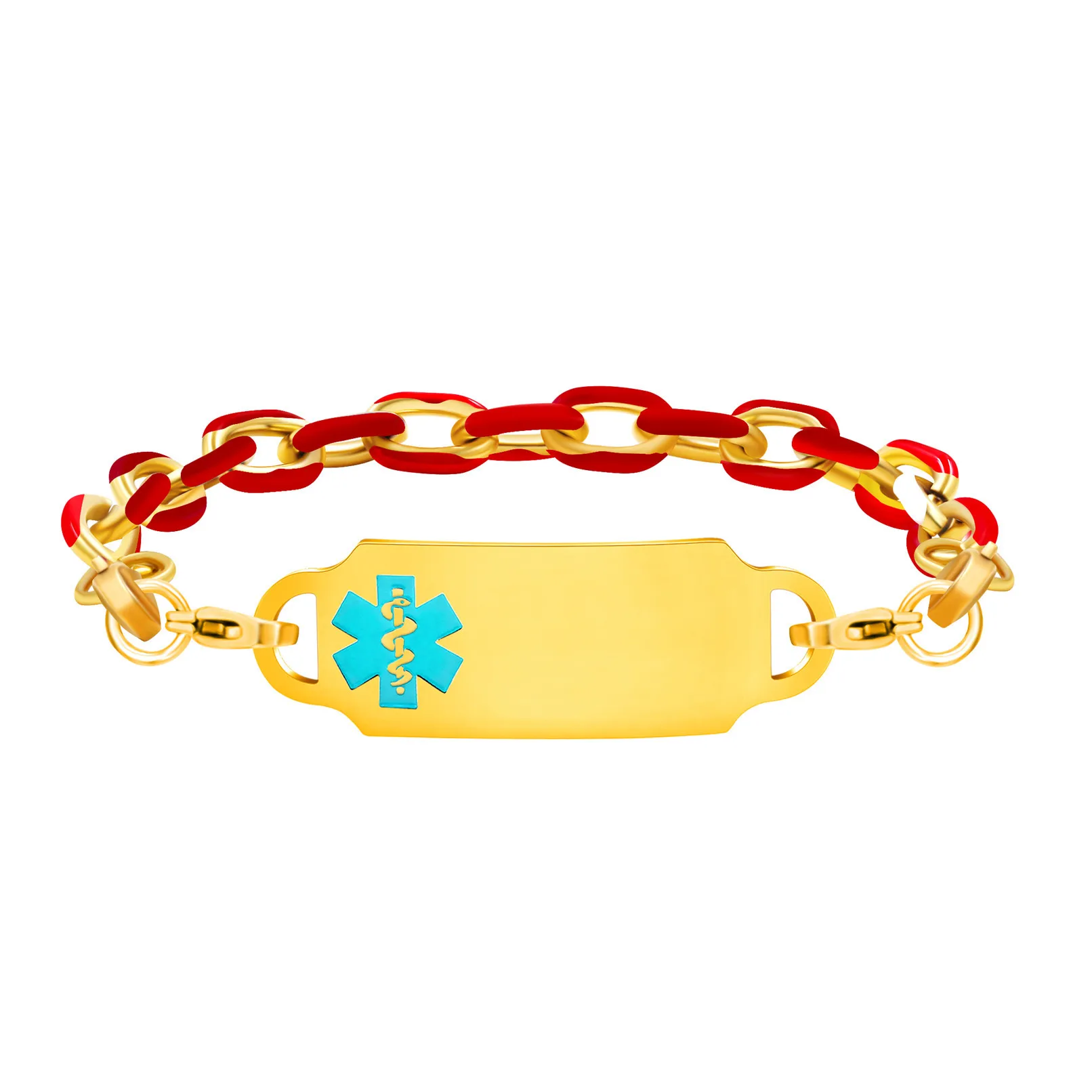 UJBOX DIY Custom Medical Alert Bracelets for Women Gold Plated Stainless Steel Red Enamal 7.3in-8.66in Fashion Jewelry A5027