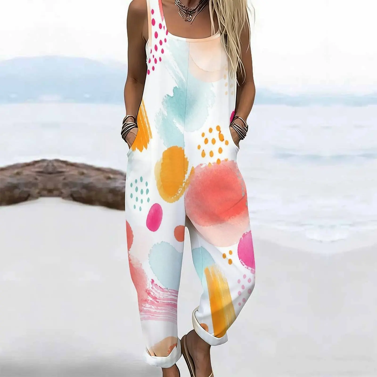 Women Printed Jumpsuit Square Neck Sleeveless Wide Straps Loose Fit Pockets Cuffed Ankle view 6