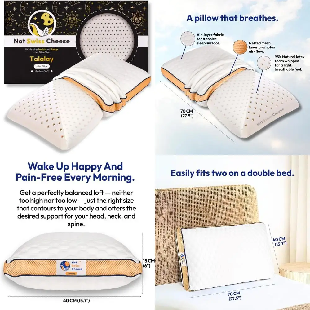 

Luxury Talalay Latex Foam Pillow - Natural Medium Soft Orthopedic Support for Neck Pain Relief, Queen Size with Washable Cover