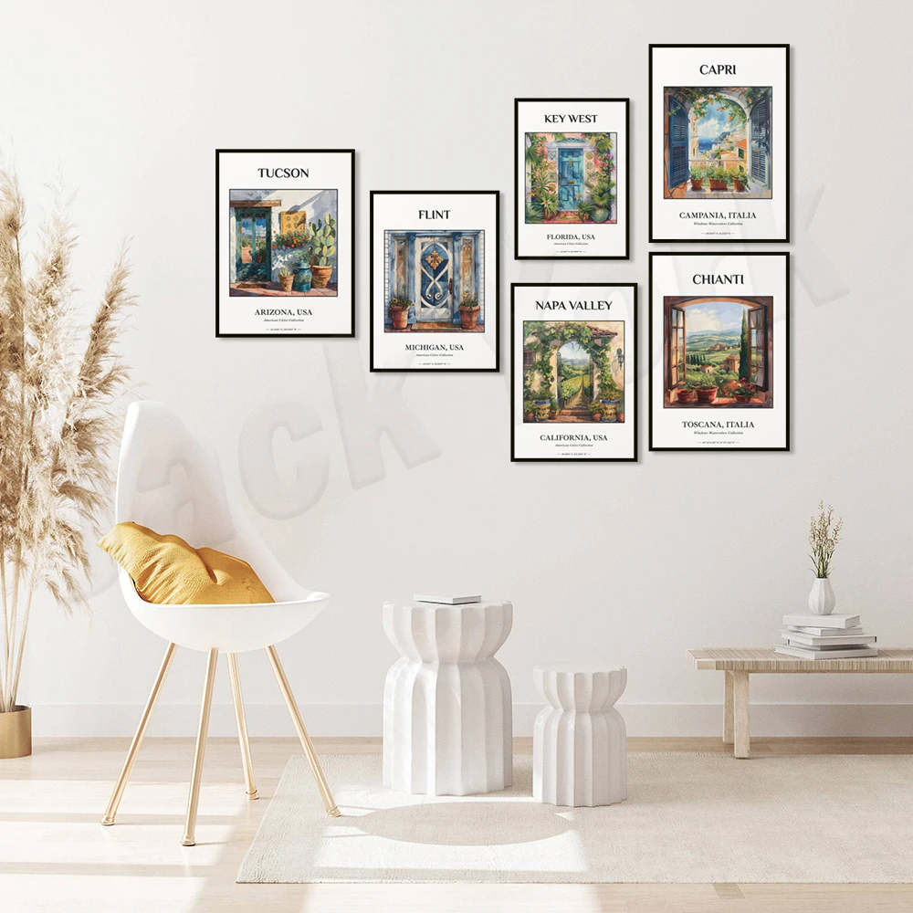 كابري ، مفتاح الغرب ، ميلواكي ، نابلز فلوريدا ، تروبيا ، توسكانا إيطاليا ، بروفانس بلاط ملصقات طباعة للسفر ، رسم توضيحي للنافذة