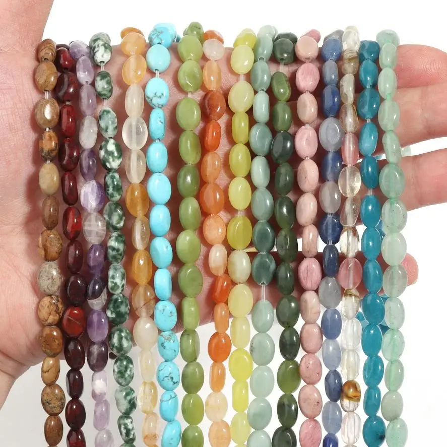 Natural Stone Beads Green Aventurines Opal Agates Flat Oval Beads For Jewelry Making Loose Bead DIY Bracelet Necklace Accessorie