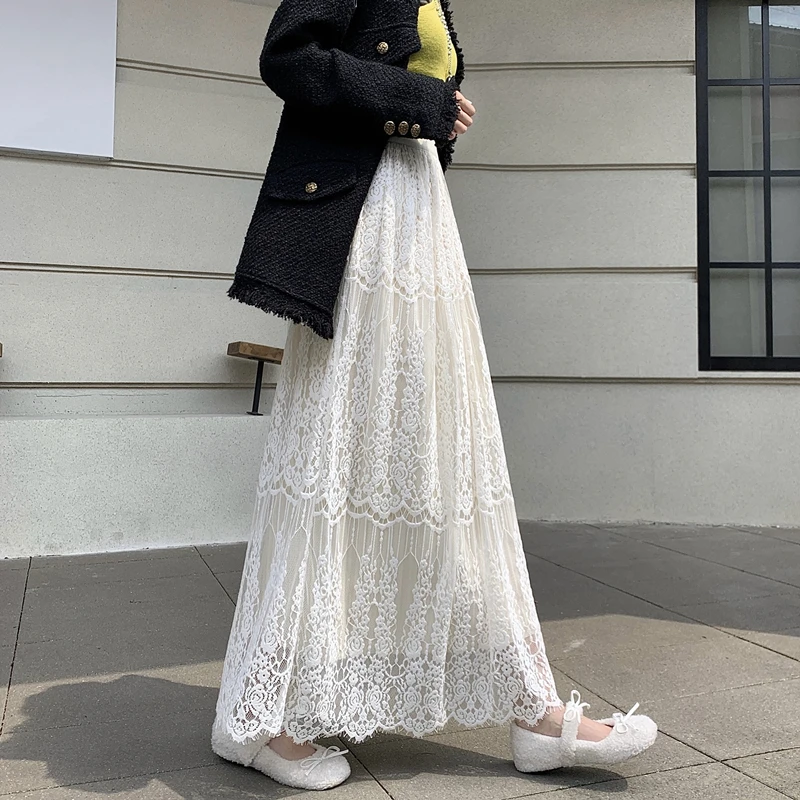 Falda acampanada de tul blanco de encaje Retro para mujer, falda Midi elástica de cintura alta con recortes de ganchillo, vestido de hada de otoño Reversible doble