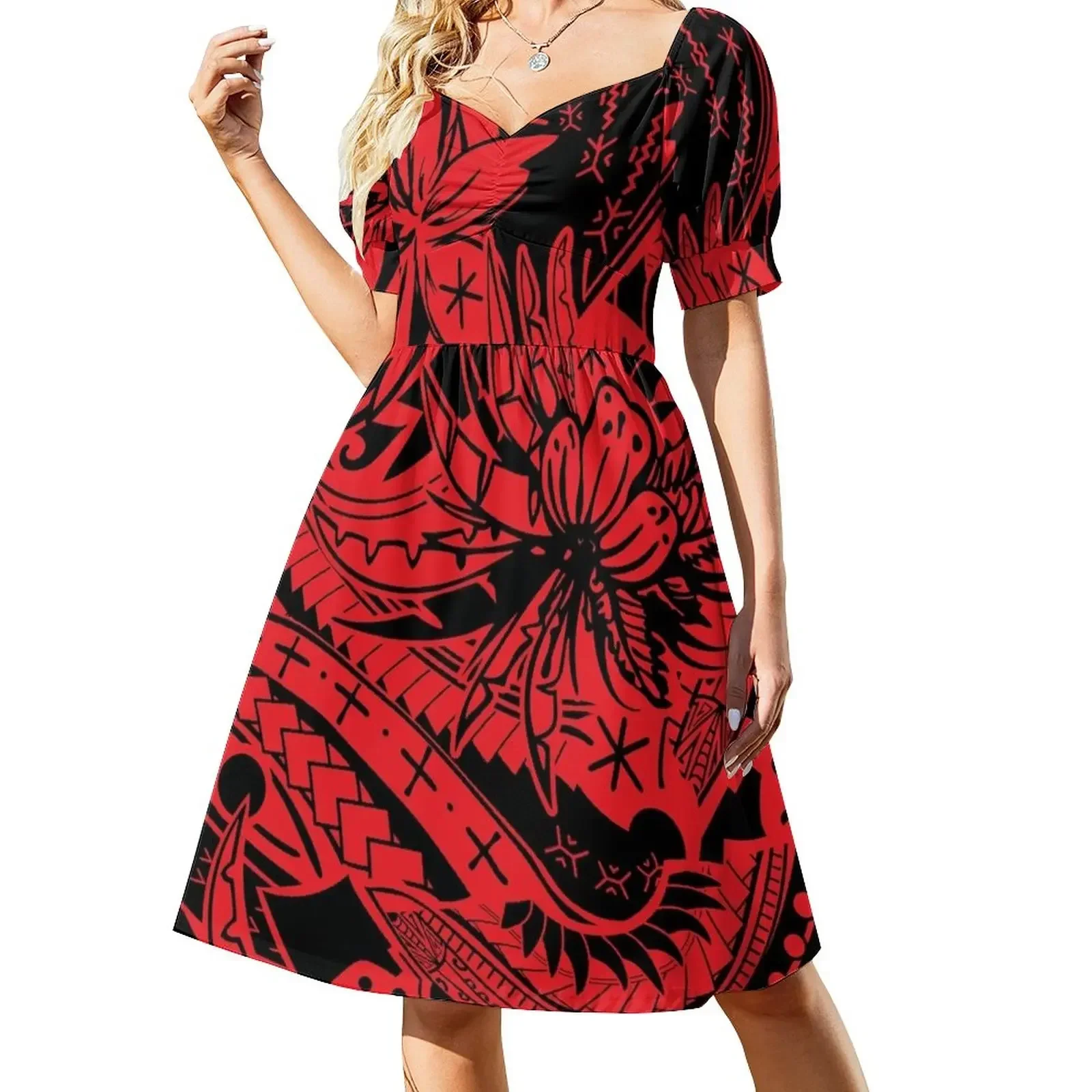 

Polynesian Tribal Lava Red Leaf And Floral Print Short-Sleeved Dress dresses for woman Dress