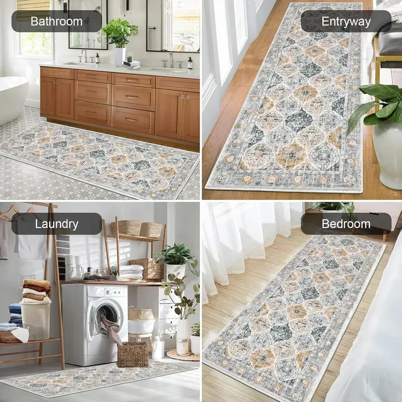 VIKAMA Boho Diamond Runner, Non-Slip Washable Carpet for Hallway, Entryway, Kitchen & Living Room Decor