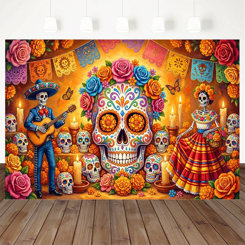 Mocsicka Day Of The Dead Photo Background Large Calavera Skull Flower Skeleton Man Woman Fiesta Mexican Kid Party Booth Backdrop