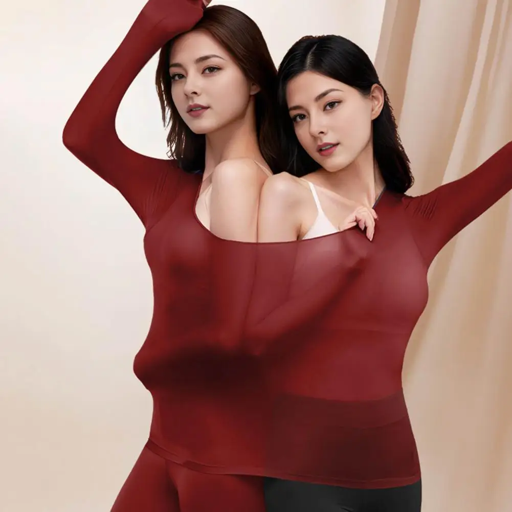 Women's Silk Thermal Underwear Thermal Tops Warm Pants Thickened Solid Color Long Sleeve Winter Clothes Homewear Sleepwear