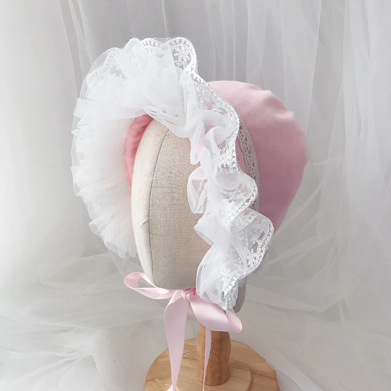 Lolita Bonnet Hat Vintage Victorian Maid Cosplay Women Girls Pumpkin Sweet Cotton Cap Lace Up Straps