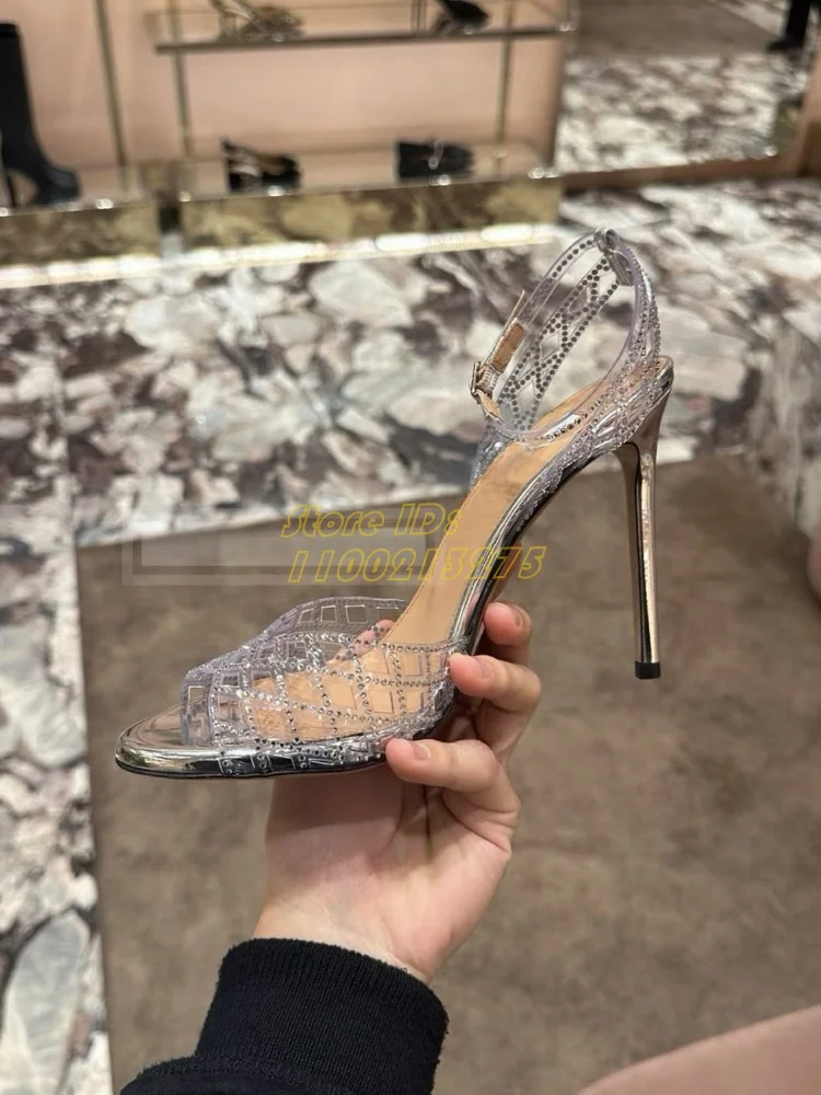 

Женские сандалии из прозрачного ПВХ с кристаллами, тонкий высокий каблук, пряжка на щиколотке, ремешок с открытым носком, подиум, лето 2022, весна, женские модельные туфли