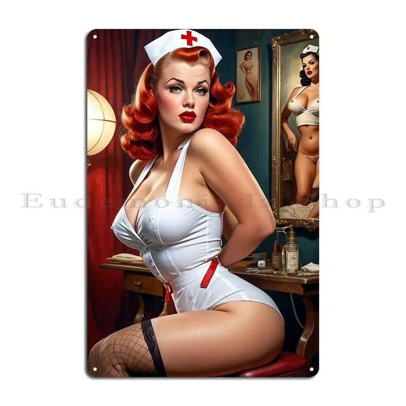 Sexy Red Head Pin Up Vintage Nurse Metal Signs Design Rusty Garage Plaques Club Tin Sign Poster