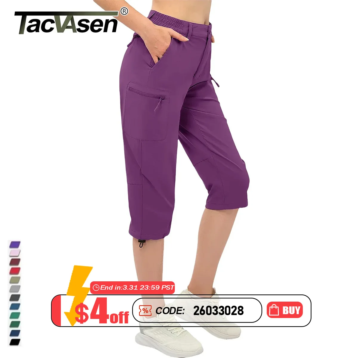 TACVASEN Summer Quick Dry Hiking Capri Shorts Womens Athletic Cargo Shorts 3/4 Below Knee Length Outdoor Riding Nylon Shorts