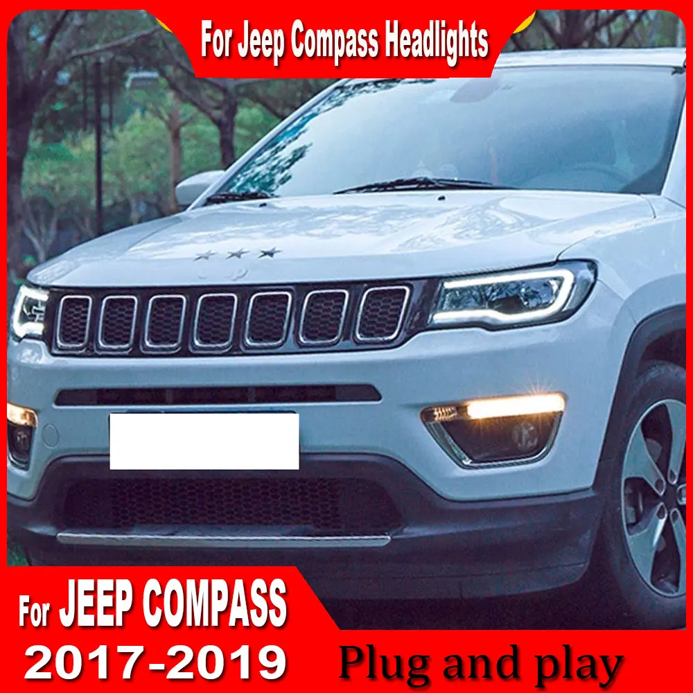 Car Headlight Lights for Jeep Compass LED Headlight 2017 2018 2019 2020 Grand Cherokee Head Lamp Drl Projector Lens Automotive