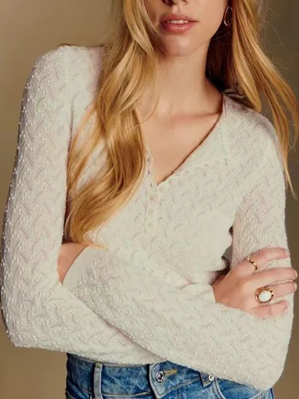 

Elegant Hollow out Knitted Women's Top Romantic round Neck Multi-Buckled Autumn Winter Fashion Commute Style Long Sleeve V-Neck