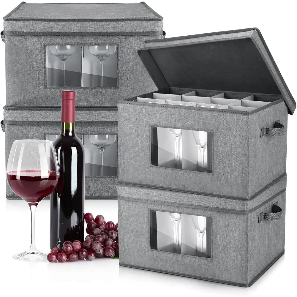 

Gray Wine Glass Storage Box with 12 Compartments, Lid, Handles, and PVC Window for Easy Transport