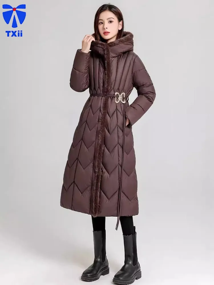 Woman Winter Down Jacket Long Coat With Belt 2024 New Hooded Pockets Zipper Warm Woman Padded Coat Winter Clothes L-7XL