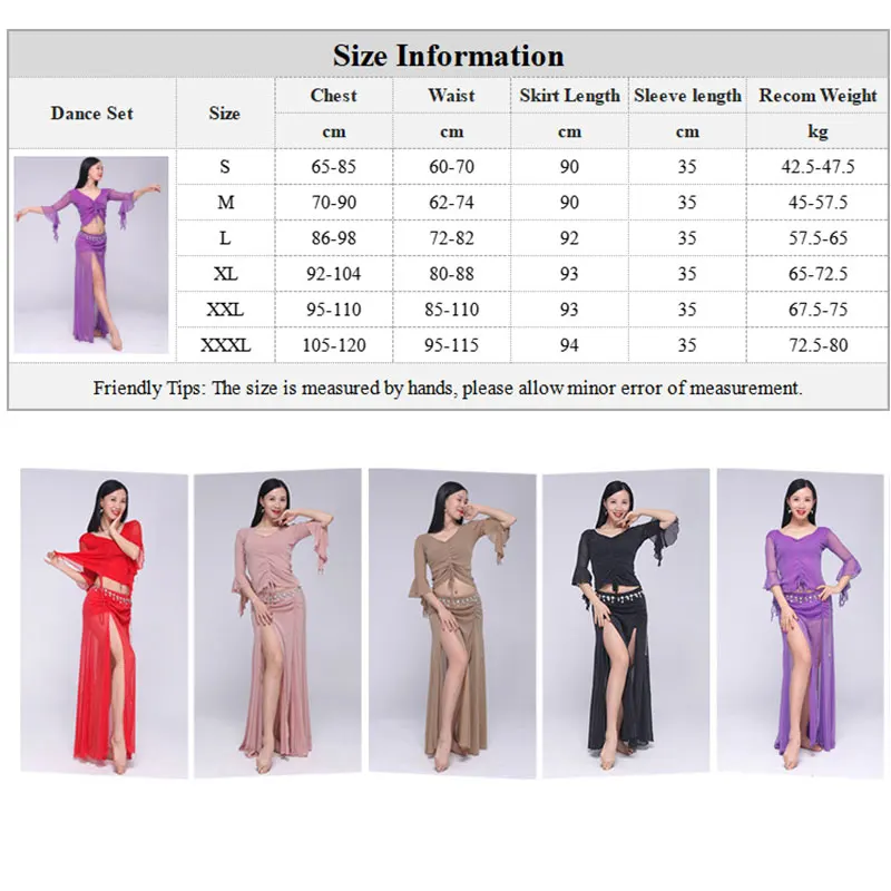 2pcs Oriental Belly Dance Short Sleeves Top   Split Skirt Costume Clothes Set Women Dancing Practice Lesson Outfit Bellydance