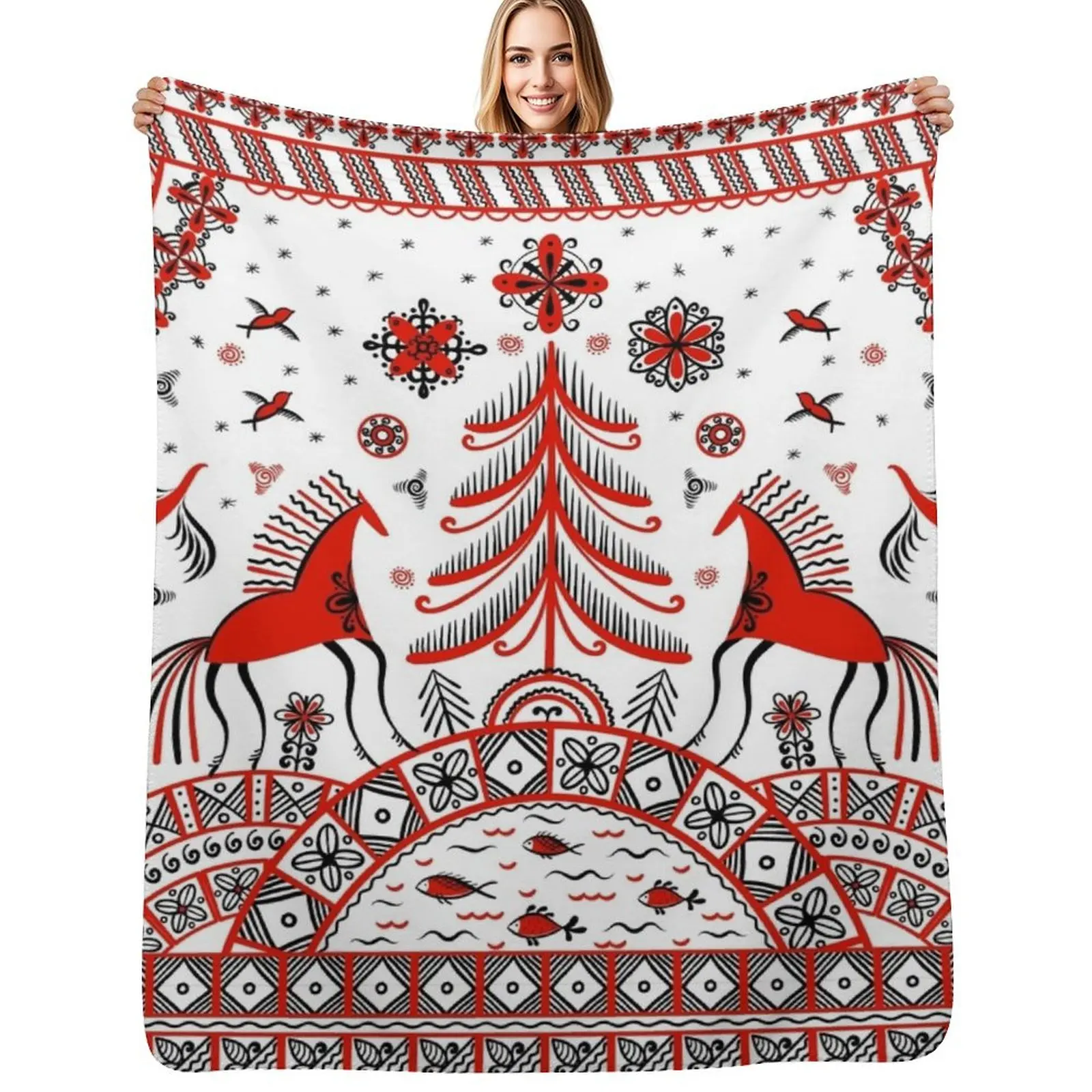 Russian folklore ornament. Mezen painting. Throw Blanket valentine gift ideas Soft Big Warm Hair Decoratives Blankets