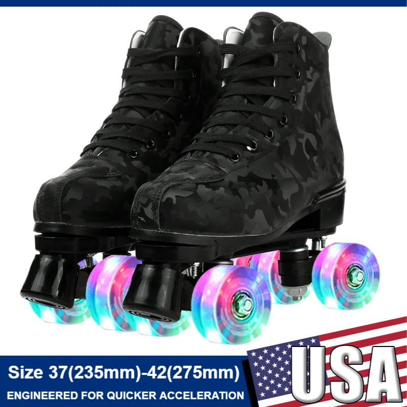 Double-Row Roller Skates Beginner Women Men Outdoor Skating 4 Wheels Skate Shoes Size 37 38 39 40 41-45 Flashing Quad Sneakers