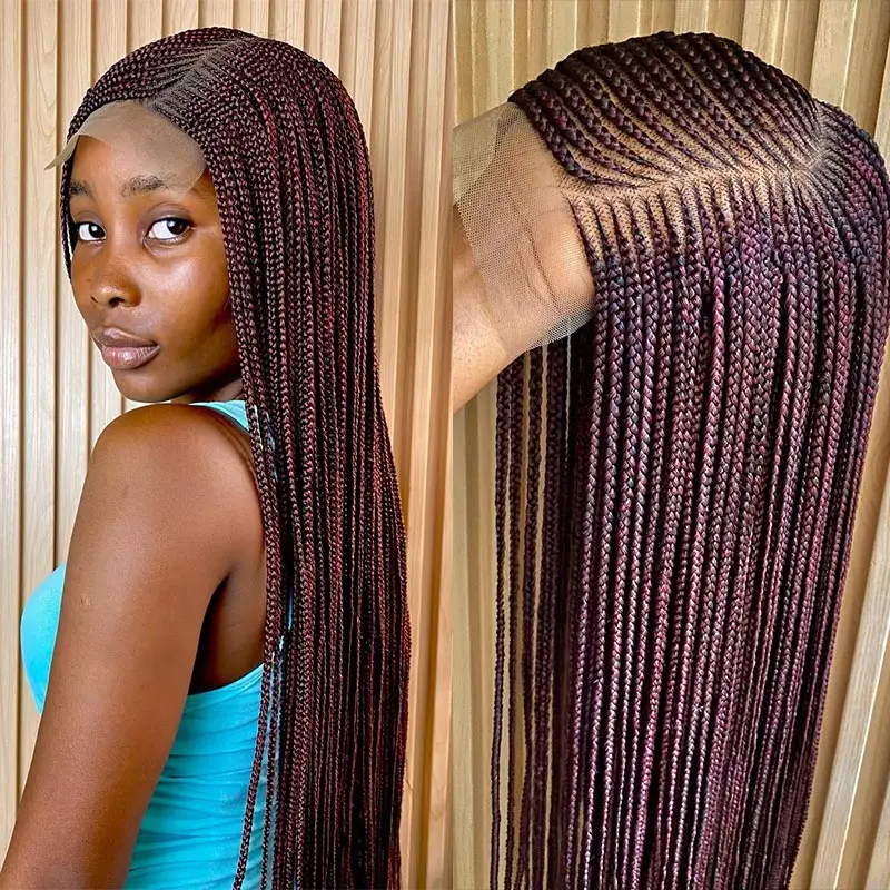 36 ''بورجوندي كامل الدانتيل شعر مستعار مضفر فو Locs للنساء السود الاصطناعية Knotless كورنو جديلة شعر مستعار الجانب جزء شعر مستعار صندوق الضفائر شعر مستعار