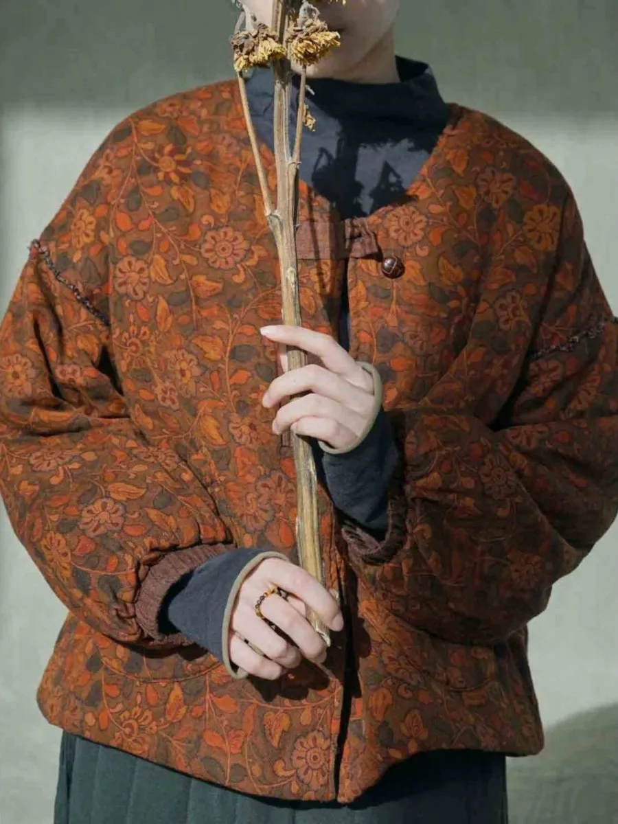 

New Chinese Sle Printed Cotton Jaet Women's V-ne Thiened Winter Coat Retro Long Sve Commute Loose Fit Cotton Vest