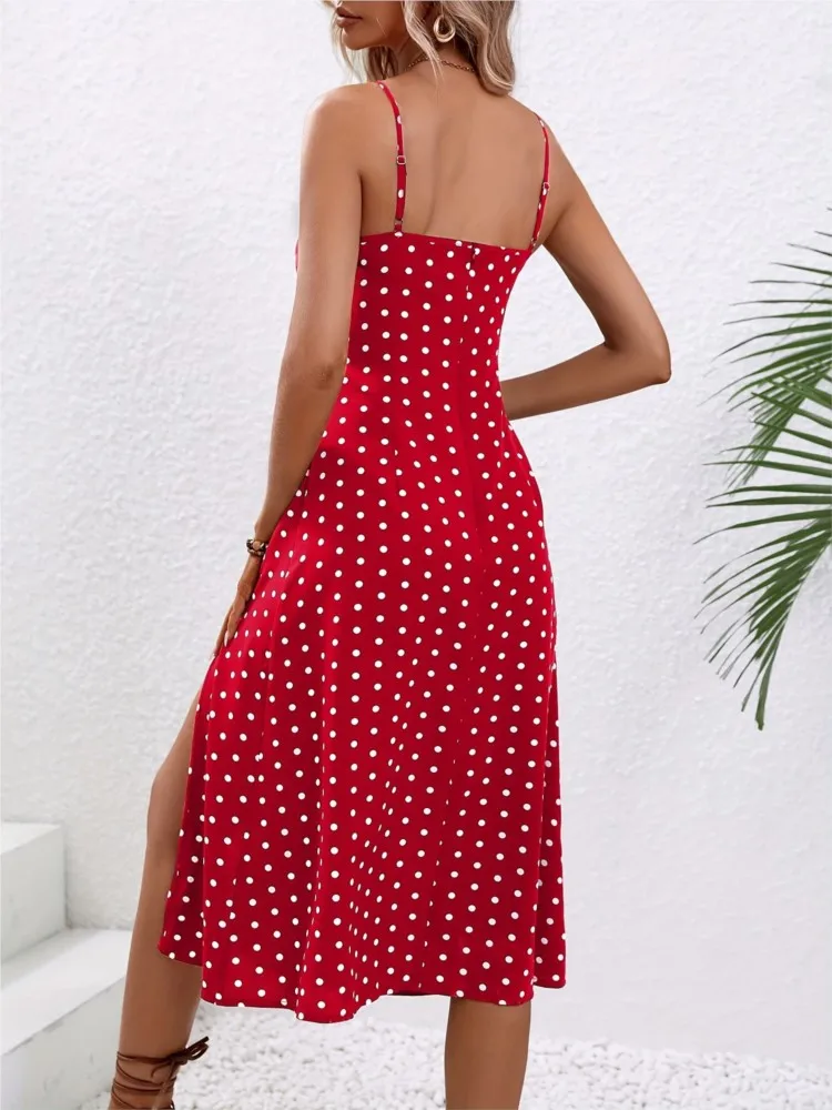 2024 Summer Sexy Spaghetti Straps Dress Women Fashion Polka Dot Print Sleeveless Slit Dress Boho Casual Beach Midi Dresses