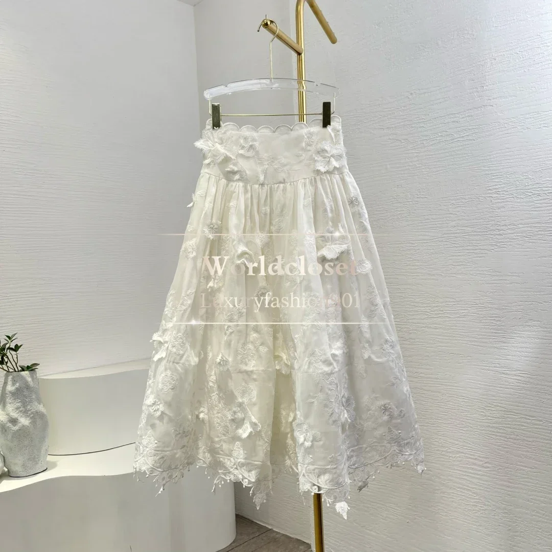 

Top Quality 2025 Silk Linen White White Lace Patchwork Short Sleeve Blouse Tops and Pleat Ruched Skirt Set for Women