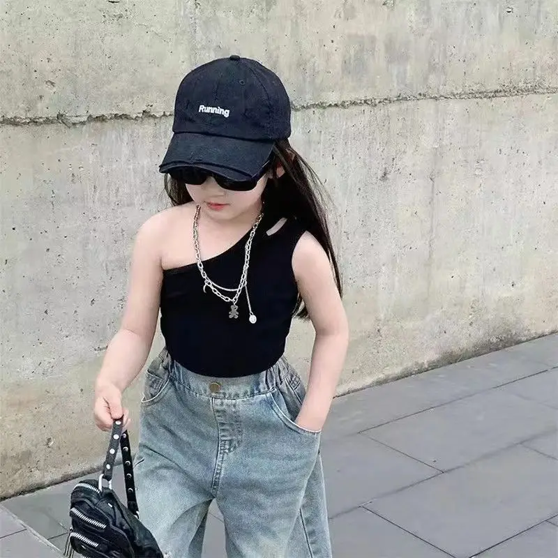 

Summer Kid Girl Camisole Fashion One Shoulder Thin Vest Children Sleeveless Tops Clothing Daily Sweat Infant Girl T-shirt A1368