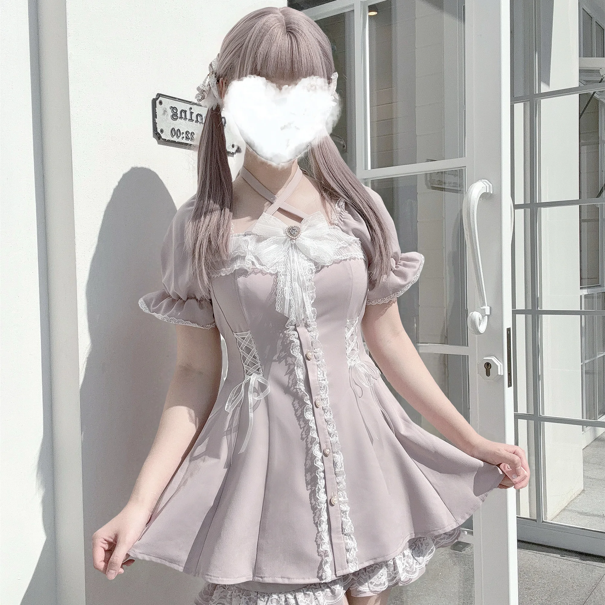 和風ミネロリータ半袖ワンピース＆ショートパンツ2点セット 2025年新作 女の子 女性向け 可愛いキュートな蝶結びホルターネックワンピースセット