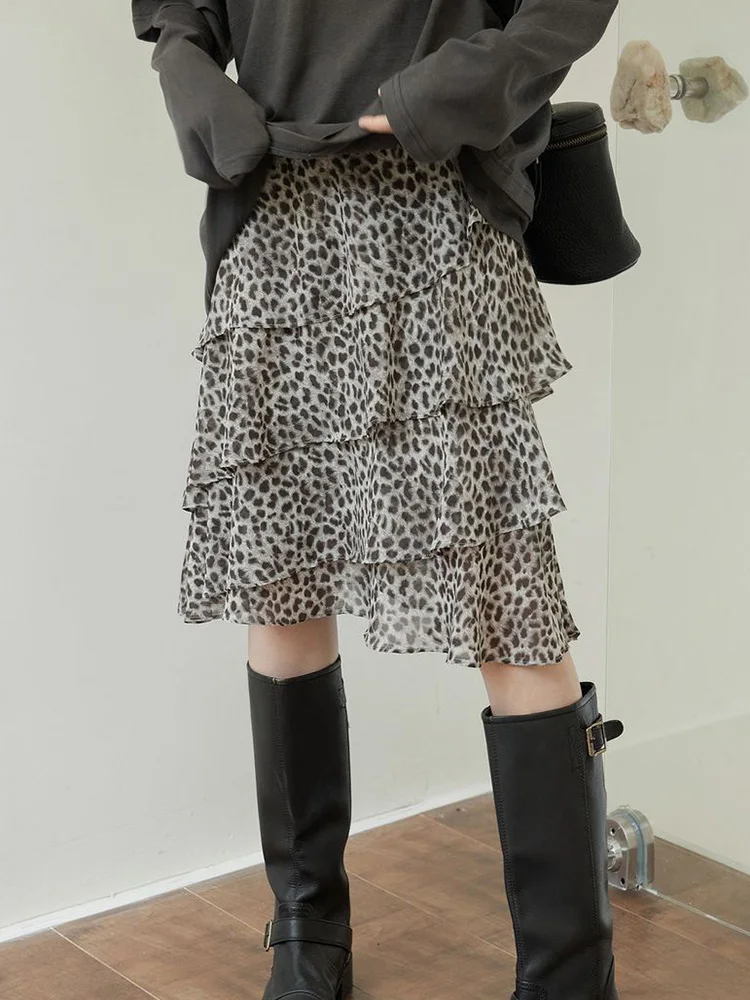 Vintage Irregular Chiffon Ruffles Leopard Skirt Women Streetwear Midi Skirts Casual Spring Summer Female Retro High Waist Skirts