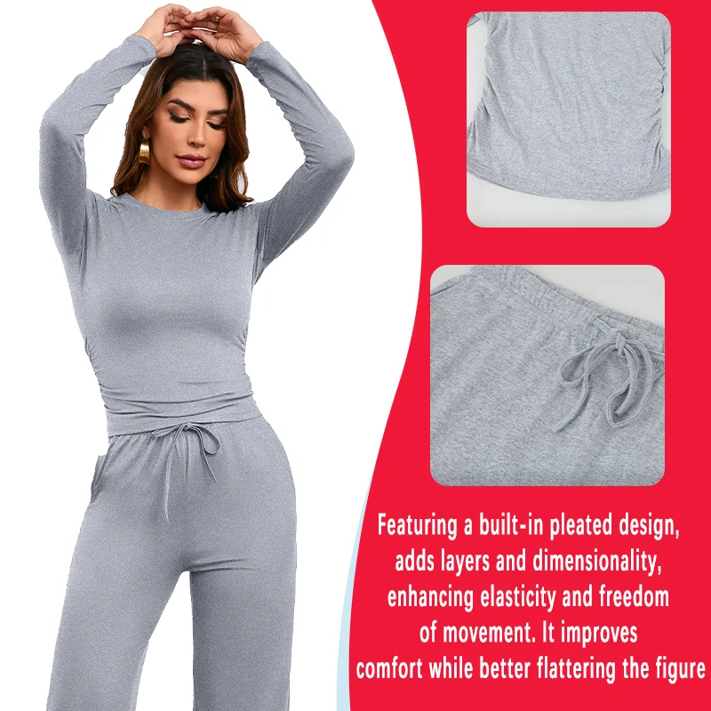 Winter Thermal Set Women Long Sleeve Round Neck Top Soft Wide-leg Pants Comfortable Wrinkle Design Fall Casual Warm Outfits