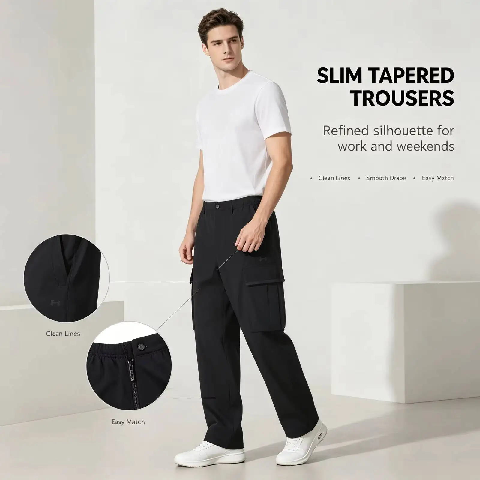 New Under Armour Men's Black Slim Tapered Casual Pants, Solid Color Stretch Trousers, Premium Fashion Pants for Work Streetwear