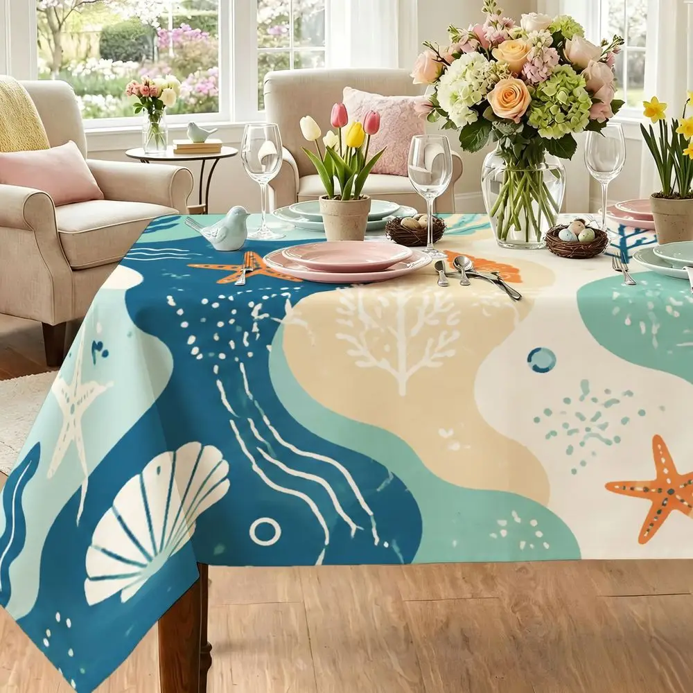 Ocean Theme Tablecloth - Vibrant Marine Life Print with Starfish, Seashells, Coral, And Wave Patterns, Durable Fabric, Rectangular, Washable, Suitable for Dining Room, Kitchen, Summer Beach Party, Home Decor, Indoor And Outdoor Use