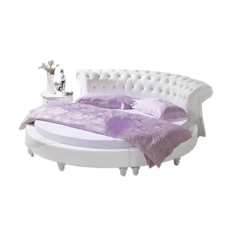 White wooden double large round bed Luxury Princess Sleep bedding leather design Nordic furniture camas dormitorio muebles