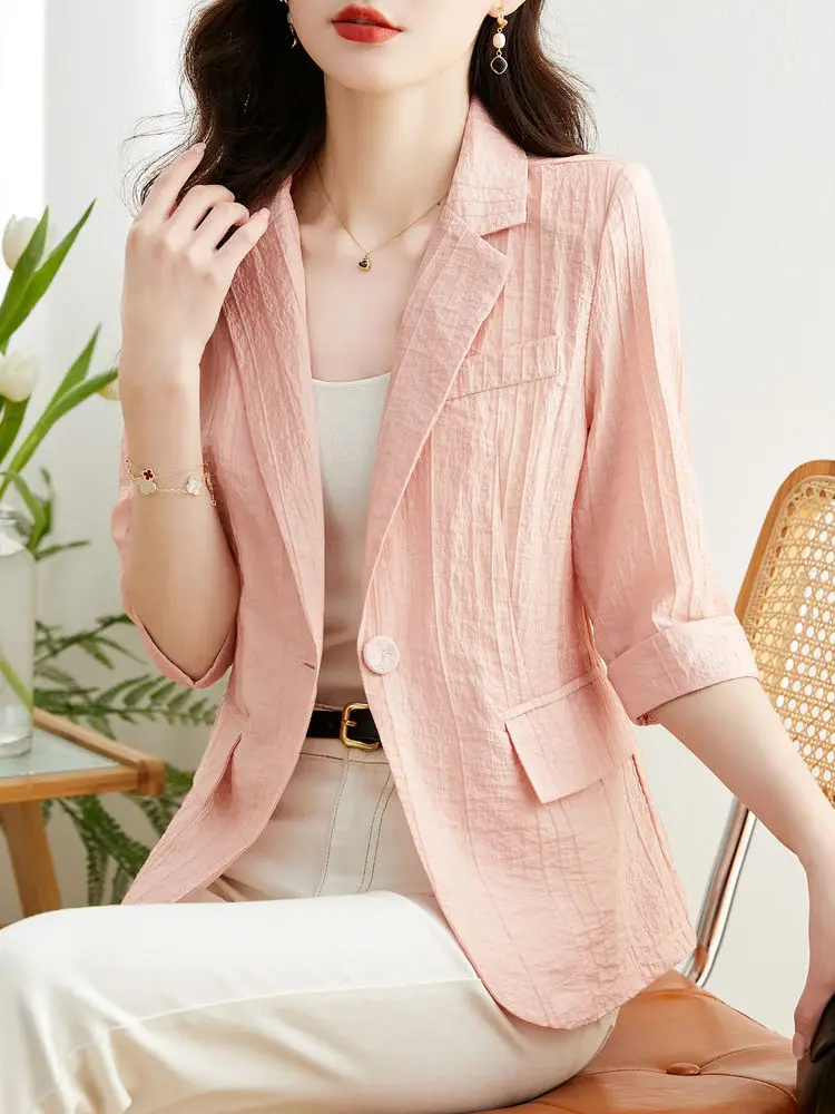 

Insozkdg High-end Pink Suit Women Coat Summer Korean Style Commuting Outerwear Thin Sunscreen Slim Fit Short Blazers Women Tops