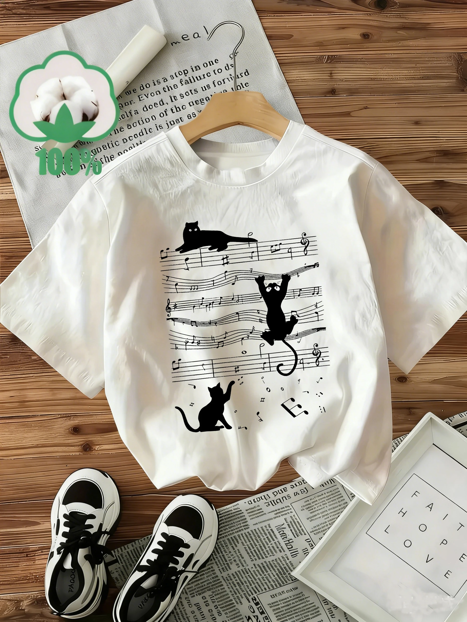 Women's 100% Cotton T-Shirt Y2k Style T-Shirt Graphic Funny Music Cat Print Short Sleeve Crew Neck Top Shirt Casual