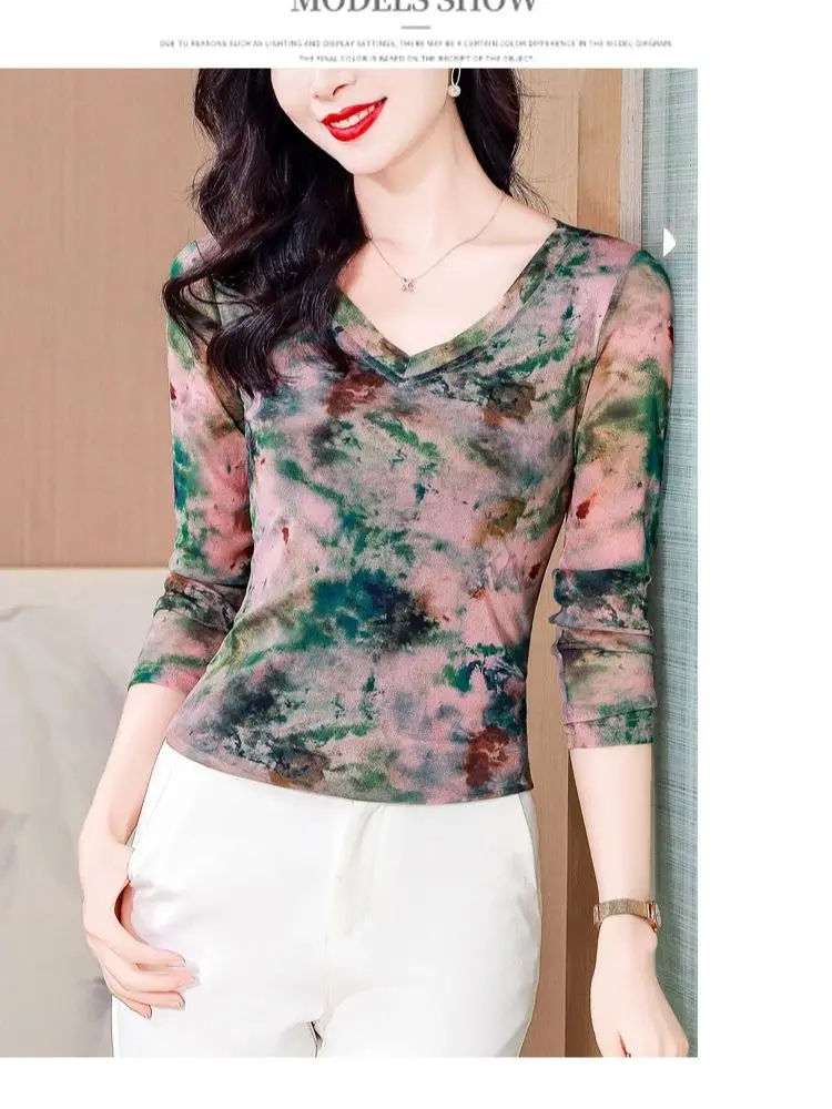 Moda damska nowa siateczkowa koszulka M-3XL podstawowy dekolt w serek z długim rękawem t-shirty damskie Slim Stretch najniższy top Tees Ladies — zdjęcie 4