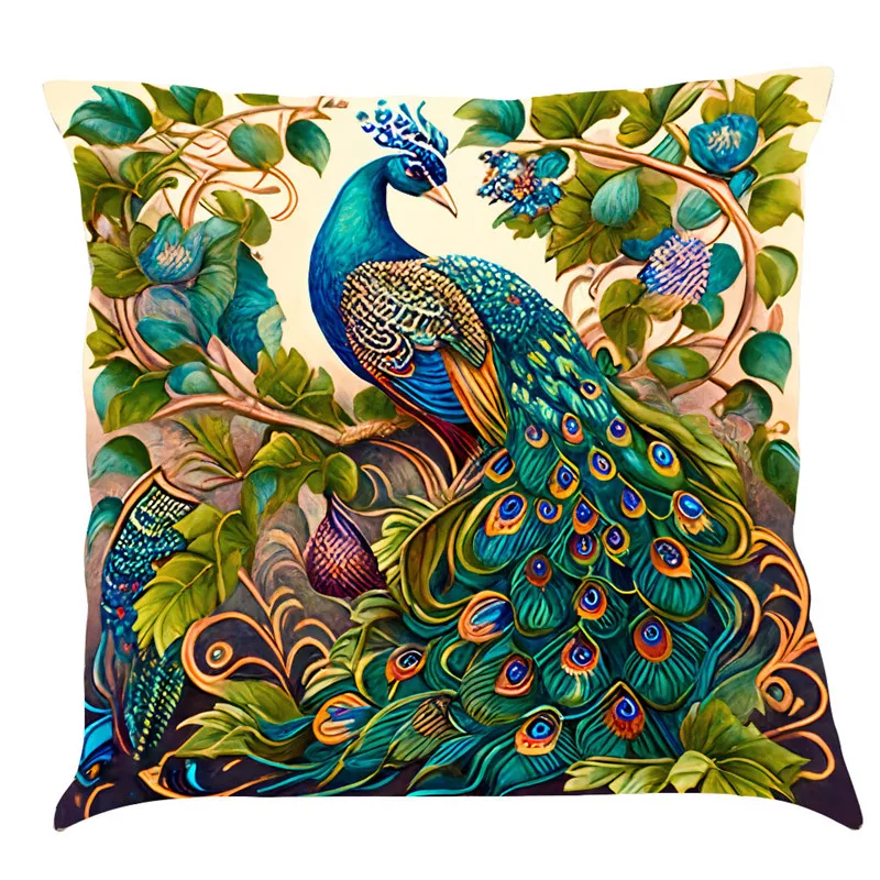 Funda de cojín de estilo nórdico con pintura al óleo de pavo real, funda de cojín de lino y algodón para sofá, decoración del hogar, 45x45cm