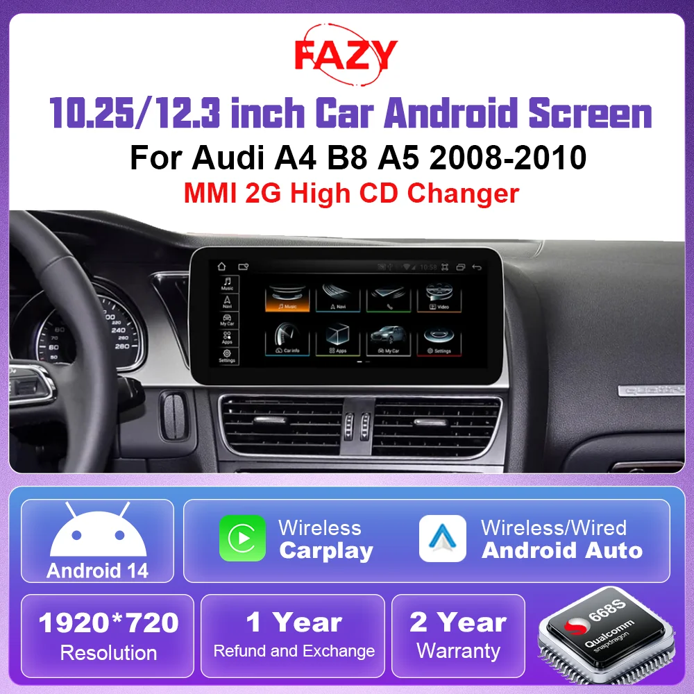 FAZY 1920*720 Wireless Carplay Android Auto Radio Touch Screen For Audi A4 B8 A5 2008 2009 2010 MMI 2G High CD Changer GPS Navi