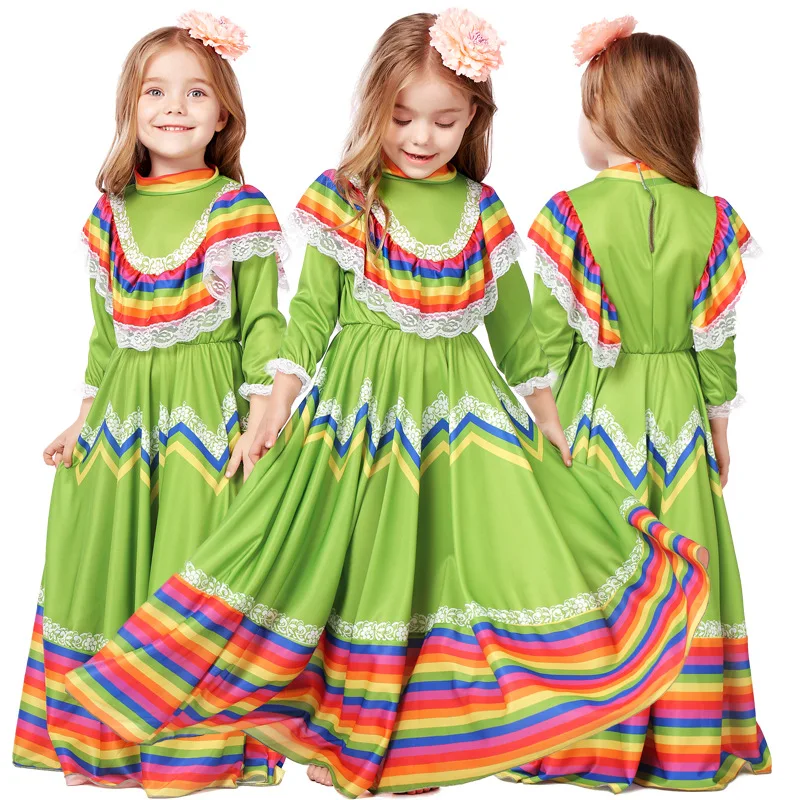 Kid Flamenco Dance Costume Mexican Spanish Senorita Saloon Dancing Cosplay Carnival Fancy Party Dress