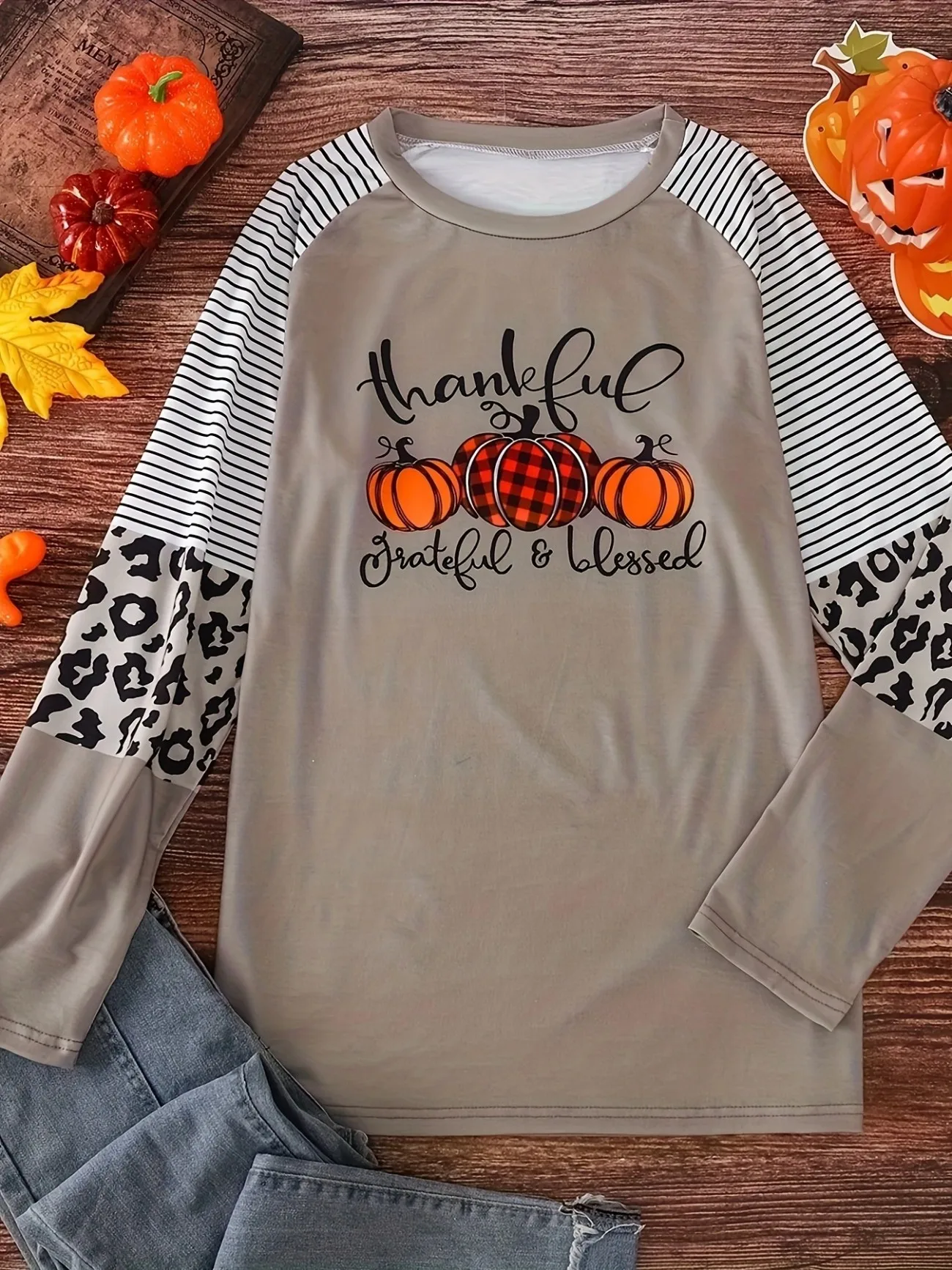 Western Cowgirl Fall Thanksgiving Thankful Blessed Pumpkin Leopard Plaid Raglan Long Sleeve Casual Top