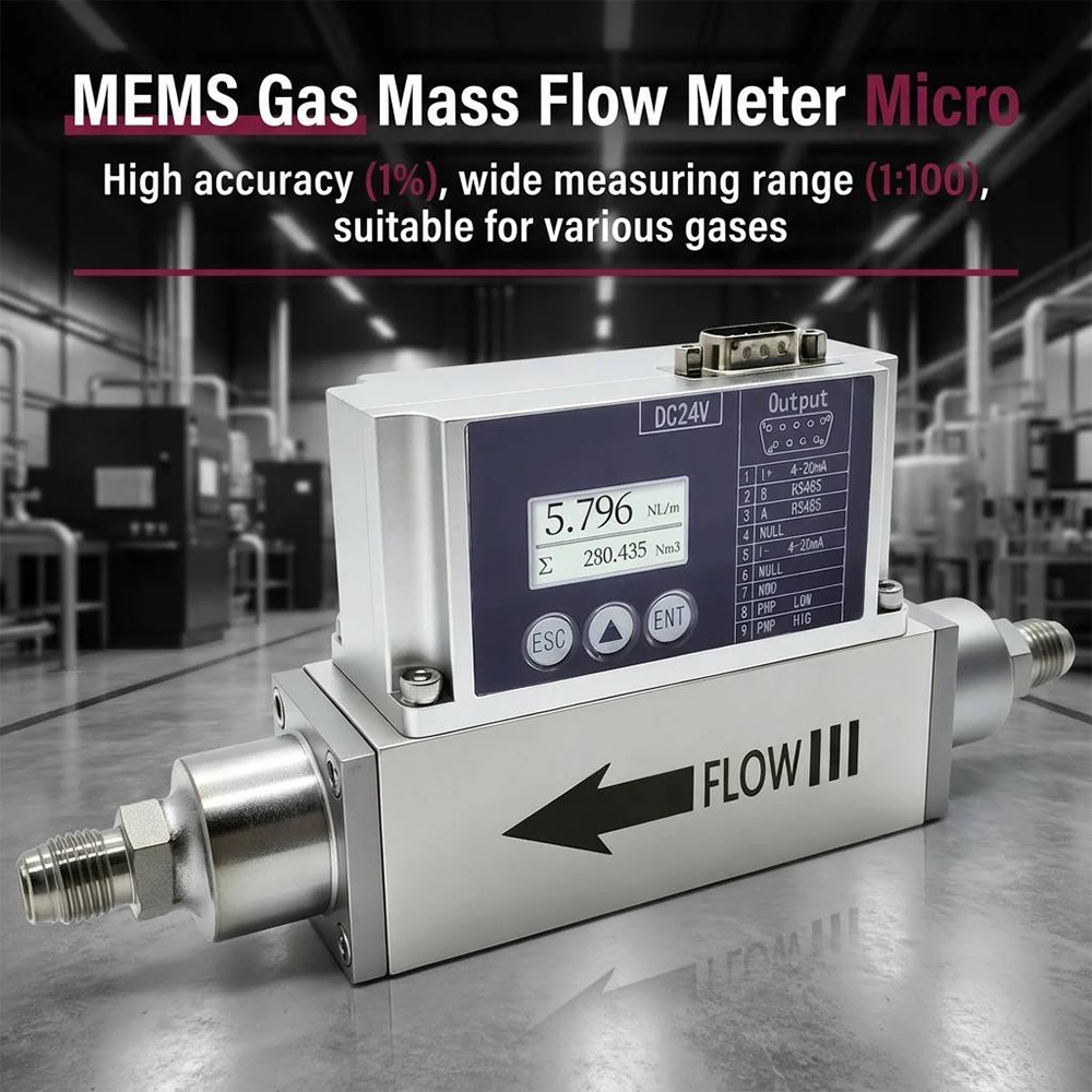 Gas Mass Flow Sensor Controller Small Air Flow Meter Micro Thermal Transducer Digital Monitor Inline Measurement Smart