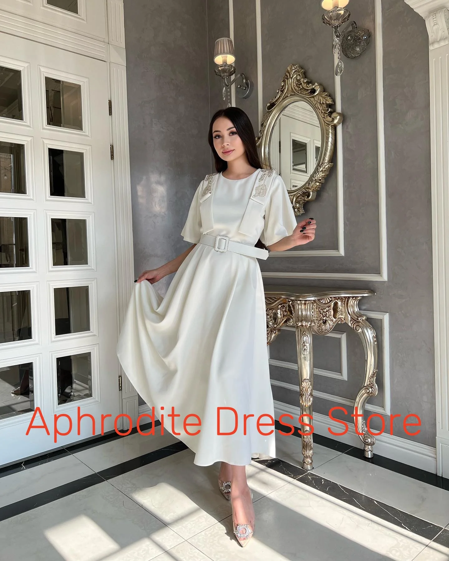 Customized Temperament Jersey Belt Crystal Evening Dresses High Quality Half Sleeves Prom Dress Custom Made Celebrity
