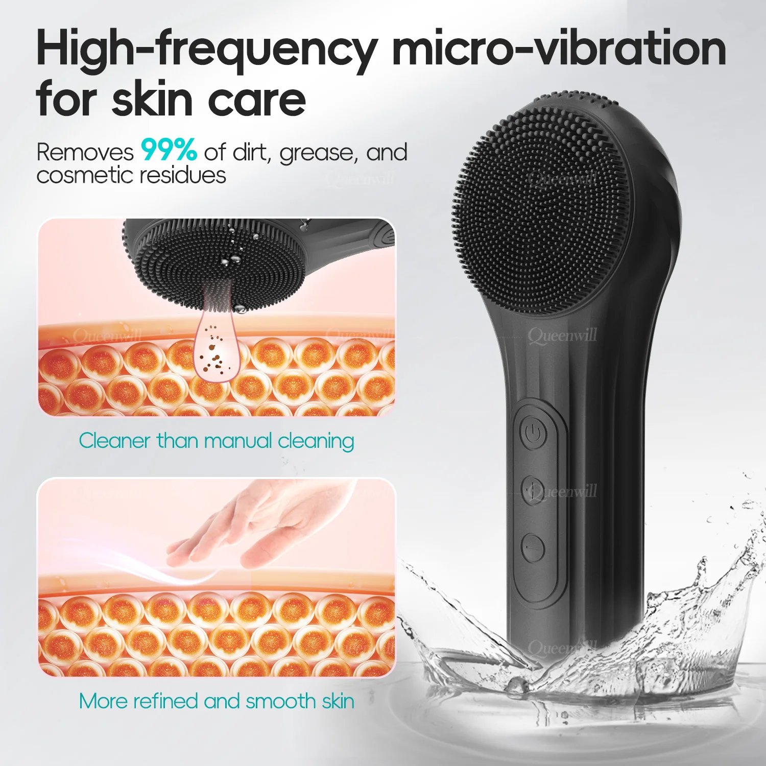 Limpador facial elétrico de silicone, dispositivo de beleza, vibração ultrassônica, à prova d'água, limpeza profunda, massagem, esfoliante, limpador de poros