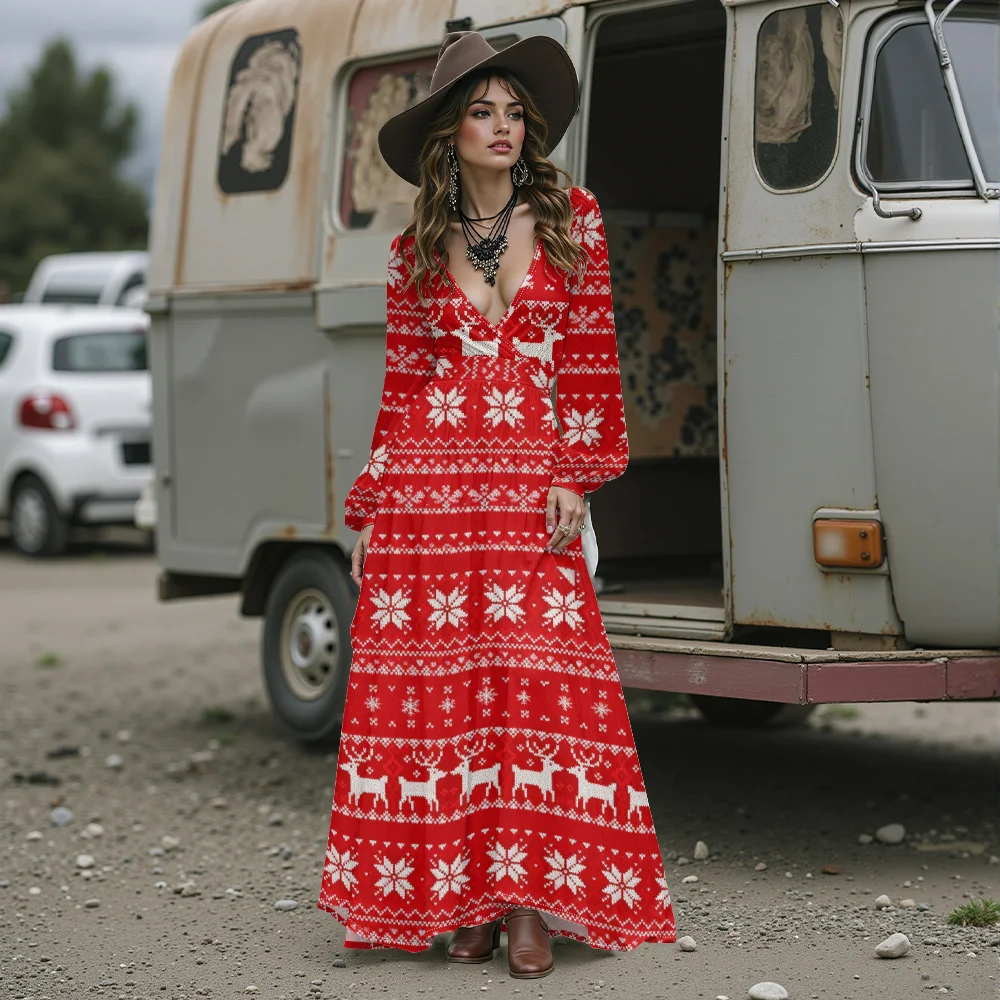 فستان نسائي وردي مطبوع عليه حيوان الرنة وندفة الثلج فستان عيد الميلاد القبيح أنيق ومثير عميق على شكل حرف v فستان ماكسي بوهو لحفلات العطلات #2