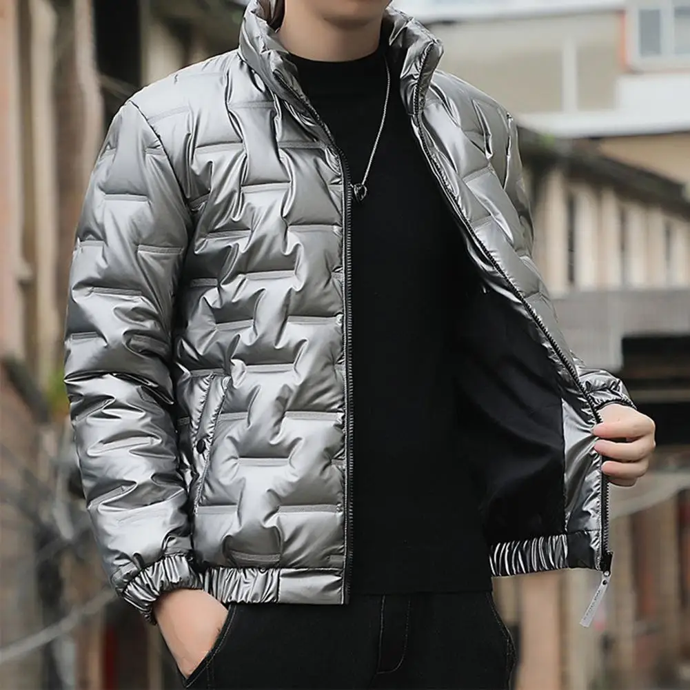 Cotton Coat Windproof Cotton Coat Men's Winter Cotton Puffer Jacket with Stand Collar Zipper Placket Windproof Quilted Outwear