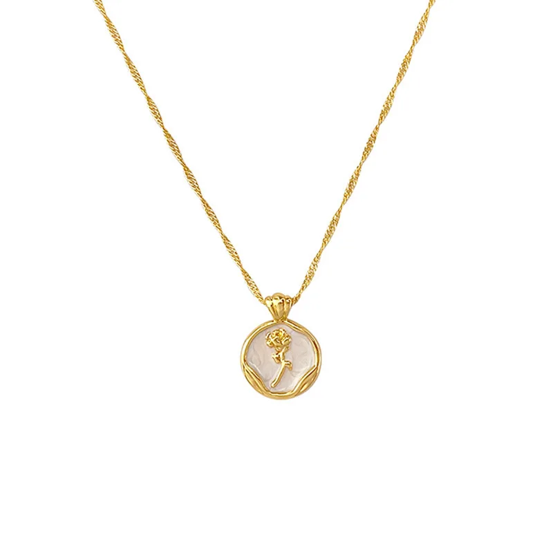 French Rose Flower Round Mother-of-Pear Necklace for Women Summer Trendy Light Luxury Collarbone Chain