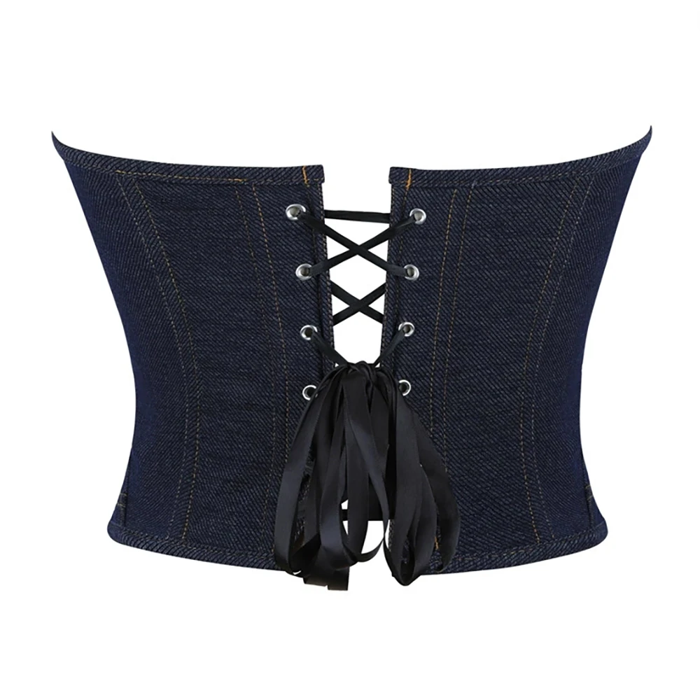 Corset Underbust de Couro, Corset Steampunk Overbust, Bustiers Azul, Preto, Jeans, Com Barbatanas de Aço, Sutiã Push Up, Cinta Modeladora, Lingerie