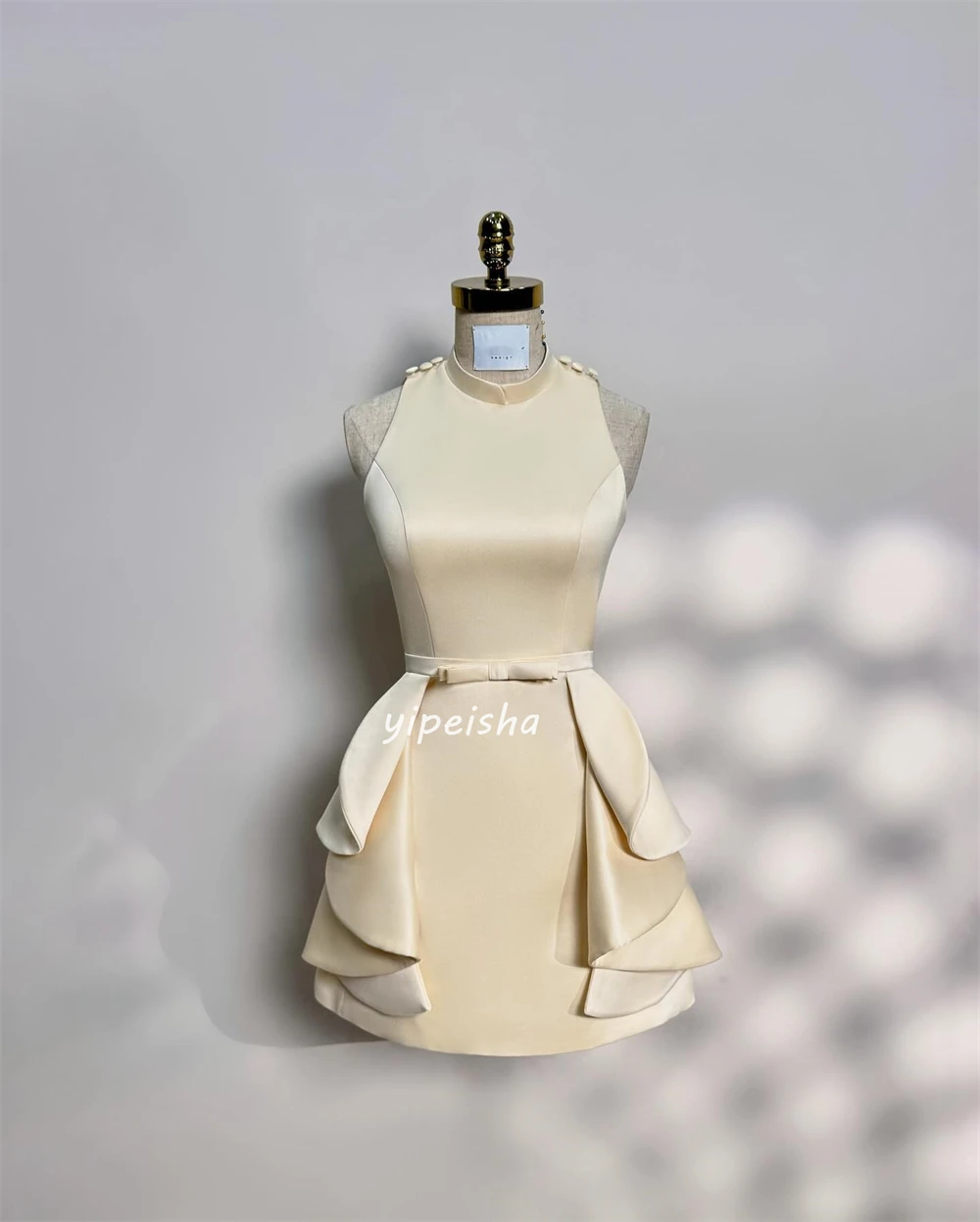 Customized Exquisite Satin Bow Sash Ruffle Pleat Ruched A-line O-Neck Midi Dresses Cocktail Dresses Classic Unisex Simple Elegan