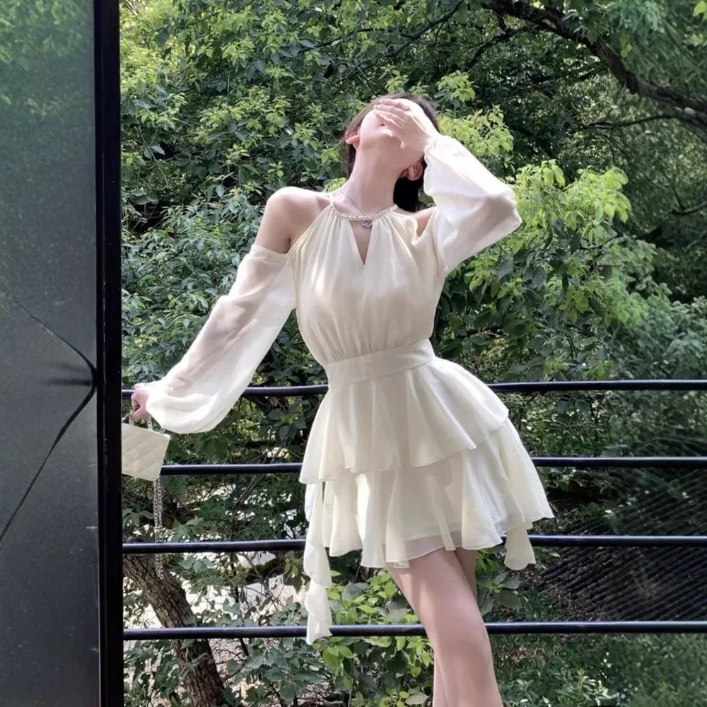Women's Korean Chic Cut-Out Shoulder Halter V-Neck Chiffon Mini Dress with Puff Long Sleeves Waist-Hugging Sweet Double Layer De